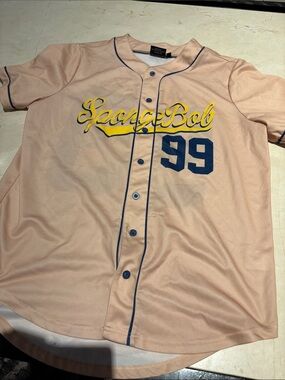 Men’s SpongeBob  Baseball Jersey Top - Peach with Navy & Yellow Accents